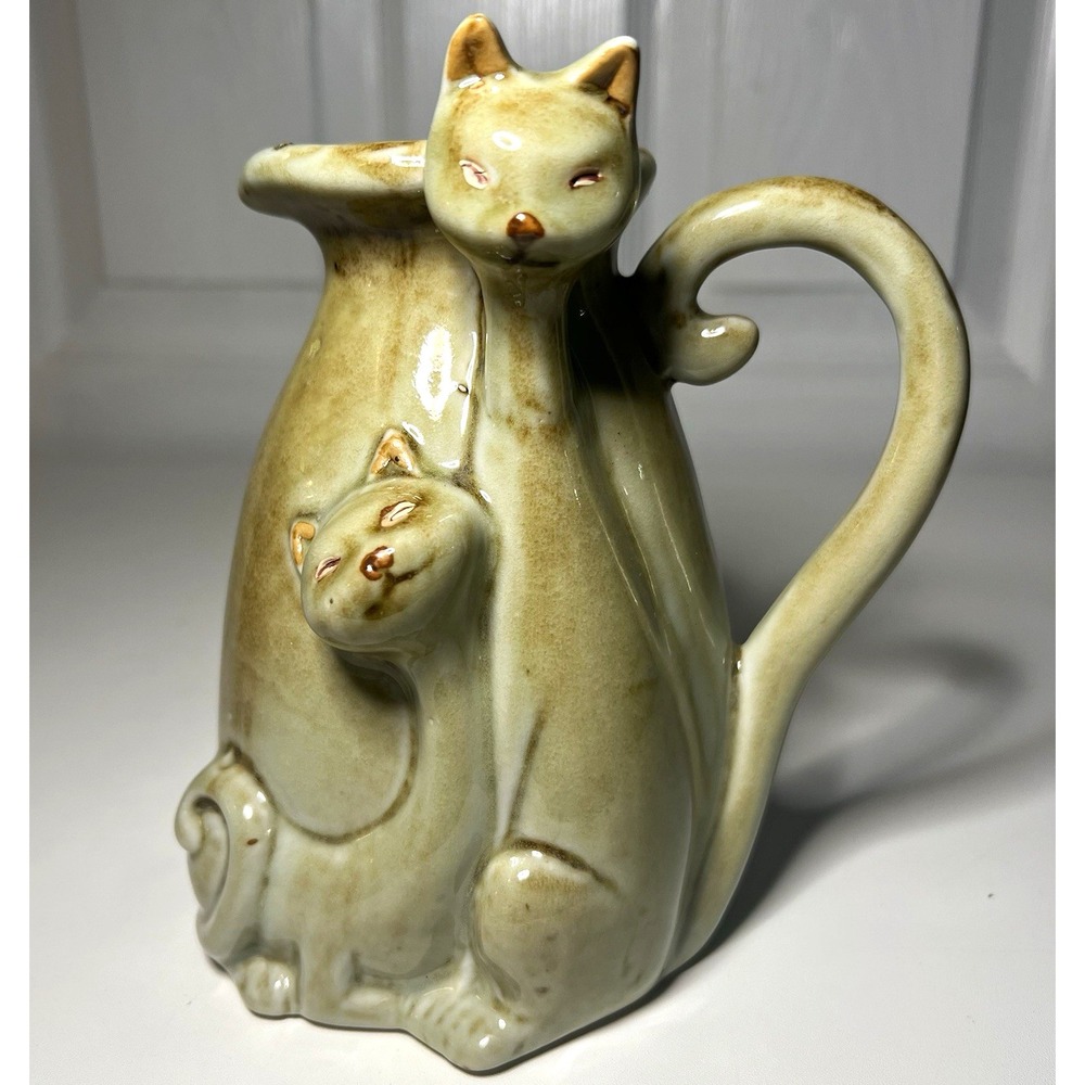 Vtg MCM Glazed Pottery Siamese Cat Pitcher Creamer Kitty Two Cats Tail Handle